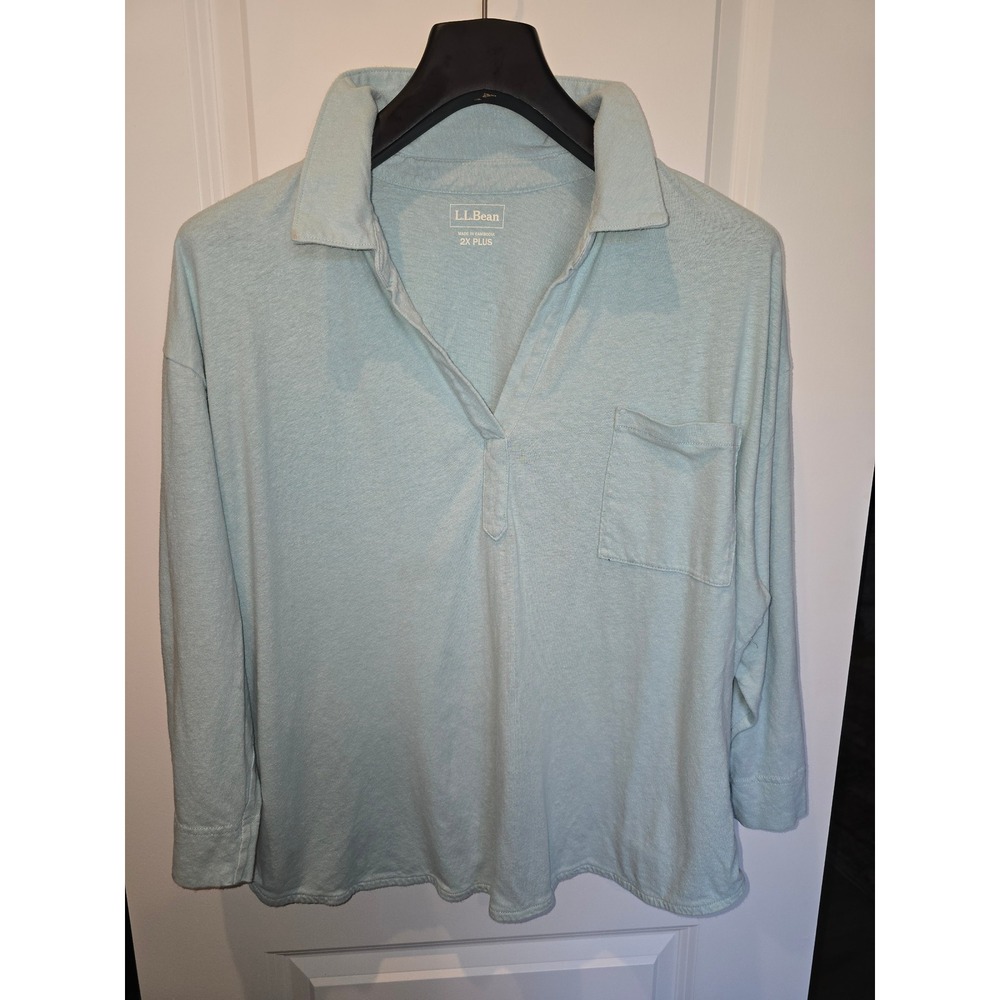 LL Bean Women 2X Plus Linen Cotton Blend Long Sleeve Collared Top Blue‎ 525673